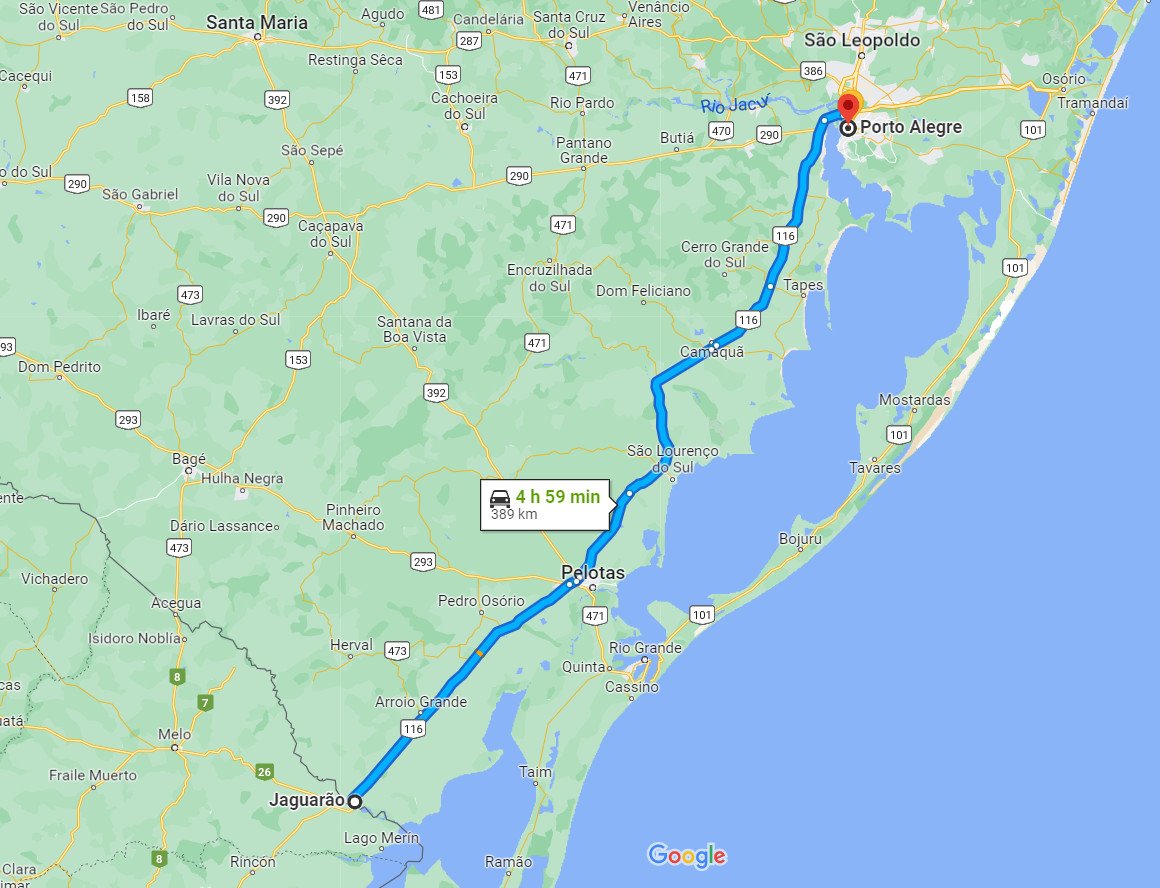 Rota de Jaguarão até Porto Alegre, com a previsão de 5h de viagem.
